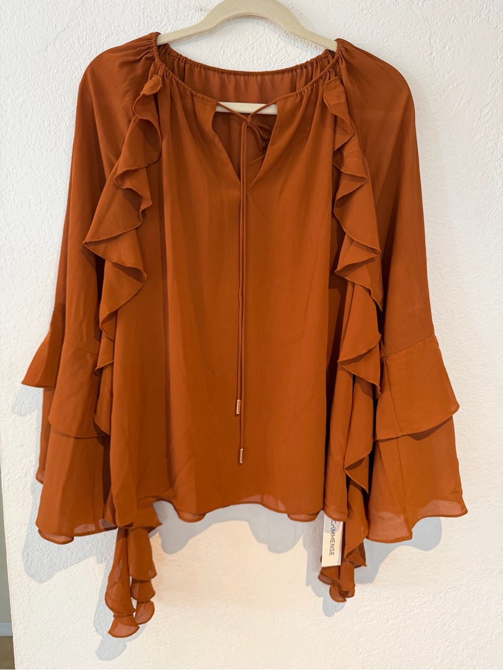 NWT Commense Chiffon Ruffled Tie-Neck Tiered Blouse
